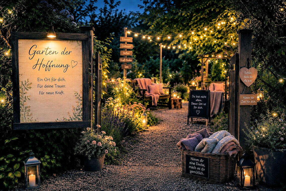 Lichtdurchfluteter Garten mit Sitzgelegenheiten als Ort der Ruhe und Hoffnung